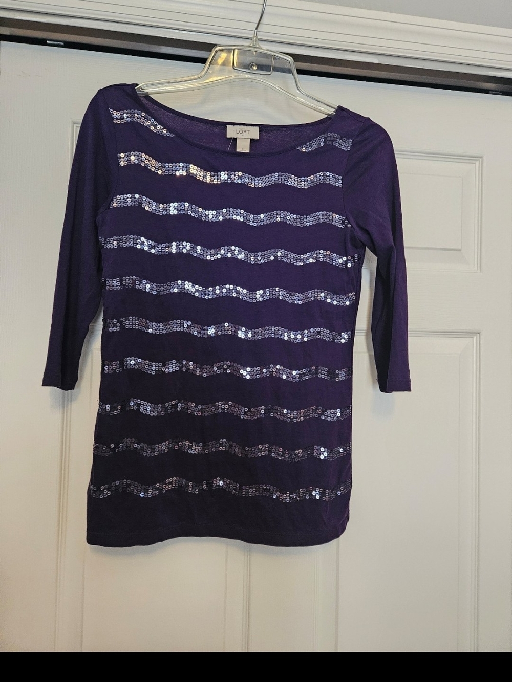 LOFT Women's Purple Sequin Stripe Boatneck Top